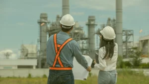 Ingénieurs analysant un projet industriel complexe sur site, illustrant les enjeux de crédibilité et de décision.