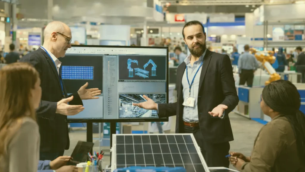 salon industriel B2B avec stand et visiteurs professionnels